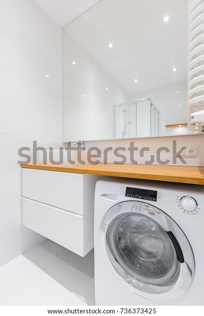 White Bathroom Wooden Countertop Basin Cabinet Stock Photo Edit