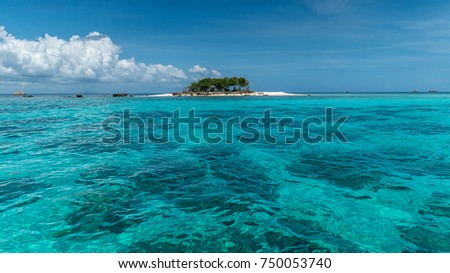 White beach paradise island untouched by humans with coral reef in the foreground. Indonesia - Ujung Kulon National Park