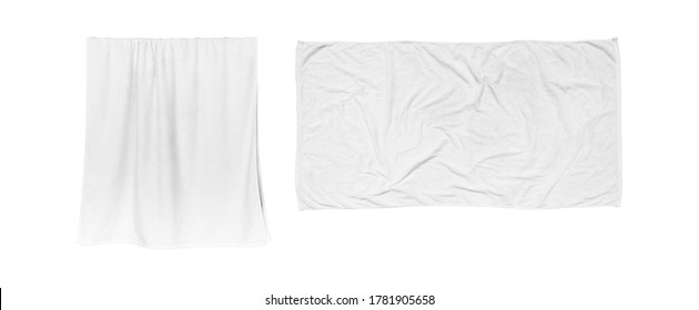 White Beach Towel Isolated With Clipping Path On White Background. Shaggy Fur Bath Textured