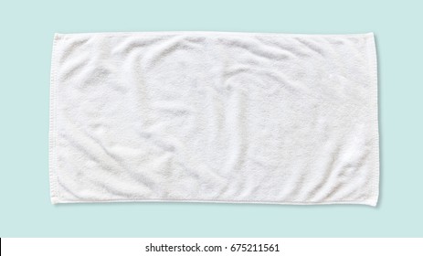 White Beach Towel Mock Up Isolated With Clipping Path On Blue Background, Flat Lay Top View 