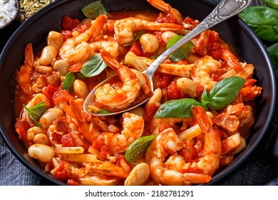 White Bean, Tomato, Fennel And Shrimp Skillet Dinner On Dark Wooden Table, Close-up