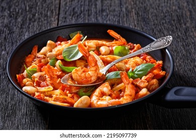 White Bean, Tomato, Fennel And Shrimp Skillet Dinner On Dark Wooden Table, Horizontal View