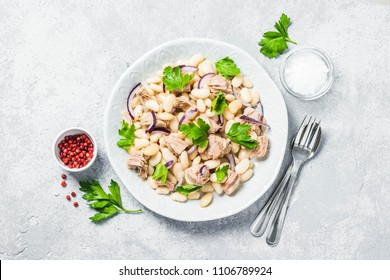White Bean Tuna Salad On Concrete Background. Top View, Space For Text.