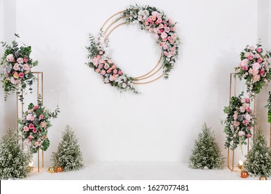 White Beautiful Floral Pattern Wedding Backdrop Background. Wedding Ceremony, Marriage, Celebration, Reception, Special Occasion Event, Venue, Wedding Planner, Organizer And Wall Decoration Concept.