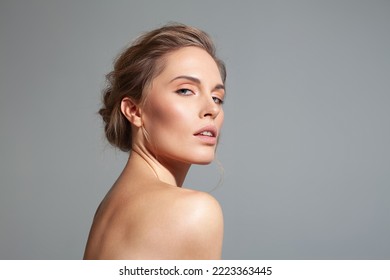 White beautiful woman on gray background. Fashion. Skin care, makeup and fashion - Shutterstock ID 2223363445