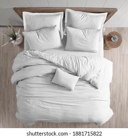 White bed duvet cover ısolated. Bedroom view from top - Shutterstock ID 1881715822