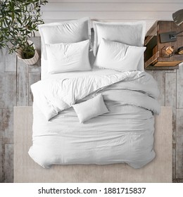 White bed duvet cover ısolated. Bedroom view from top - Shutterstock ID 1881715837