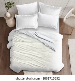 White Bed Duvet Cover ısolated. Bedroom View From Top