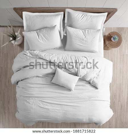 White bed duvet cover ısolated. Bedroom view from top