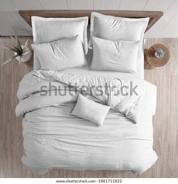 White bed
duvet cover ısolated. Bedroom view from
top