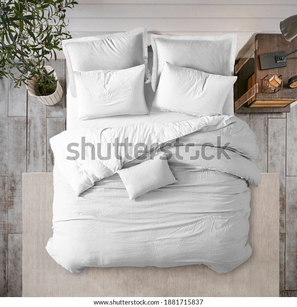 White bed\
duvet cover ısolated. Bedroom view from\
top