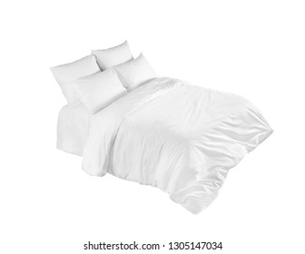 White bed isolated, white bed linen isolated, bed with pillows isolated