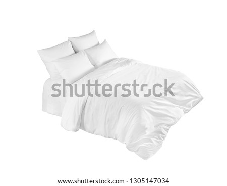 White bed isolated, white bed linen isolated, bed with pillows isolated