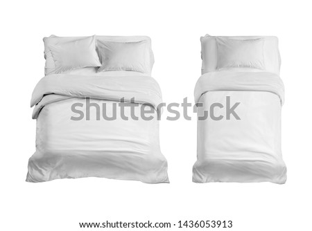 White bed top view isolated. Double and single bed with bedding isolated in the white background. Bed linen on the bed against the white background.