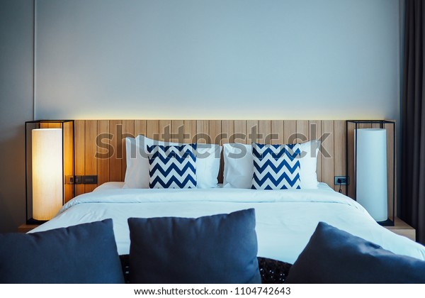 White Bedding Navy Blue Color Scheme Interiors Stock Image