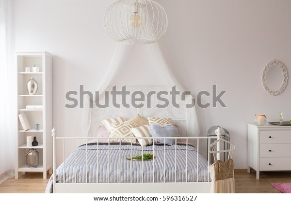 White Bedroom Canopy Bed Bookshelf Dresser Stock Photo Edit Now