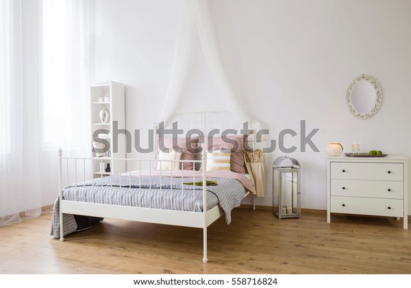 White Bedroom Double Bed Dresser Bookshelf Stock Photo Edit Now