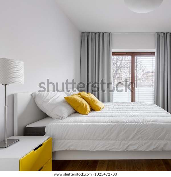 White Bedroom Double Bed Window Gray Stock Photo Edit Now