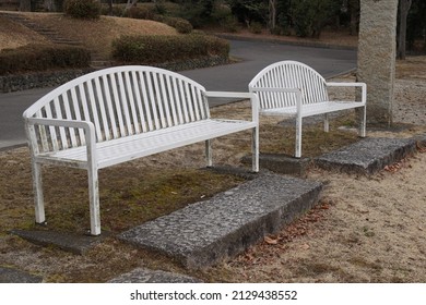 White bench in a park in the woods