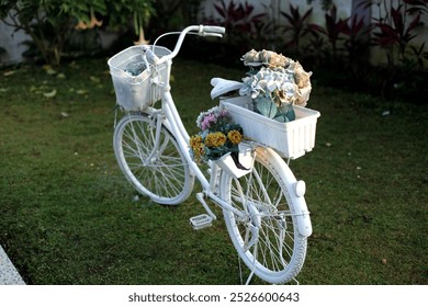 a white bicycle decorated with a delicate flower basket, sets the scene against a garden backdrop. - Powered by Shutterstock