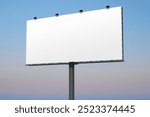 White billboard sign, 3D realistic advertisement with blank space. Blank white banner mockup on a big billboard. Empty bill board mock up isolated on gradient blue sky. Large outdoor billboard screen.