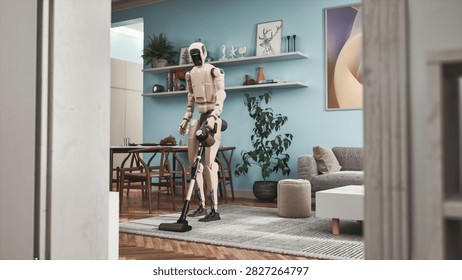 White Bipedal Android Pushing a Cordless Stick Vacuum Across a Textured Carpet in a Turquoise Apartment With Floating Shelves and Dining Table, Illustrating Robotic Chores and Future Living.