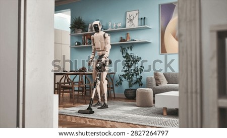 White Bipedal Android Pushing a Cordless Stick Vacuum Across a Textured Carpet in a Turquoise Apartment With Floating Shelves and Dining Table, Illustrating Robotic Chores and Future Living.
