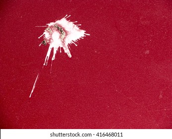 White bird dropping splash on red car body as abstract background.                               