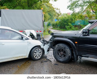 White and black car crash dangerous accident on the road. Russia, 27.08.2020