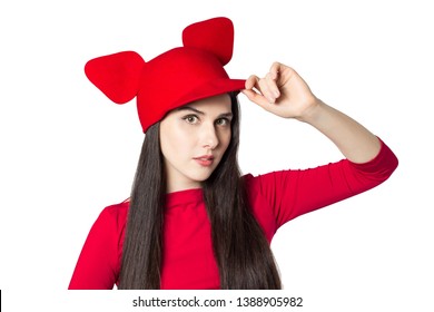 White Black Haired Beautiful Young Woman With Mouse Ears Hat