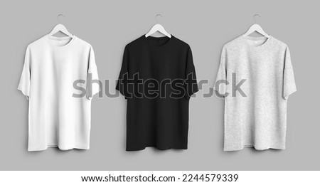 White, black, heather oversized t-shirt mockup, clothes hanging on wooden hanger, front view, isolated on background. Set of fashion apparel unisex. Wear template for design, pattern, branding