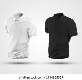 White, black male polo mockup, 3d rendering, with realistic shadows, isolated on background. Blank stylish t-shirt template, for design presentation, print. Clothing set for advertising, front view