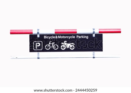 White, black Sign Board of Bicycle and Motorcycle parking area Hanging on a red and white steel beam. Isolated on white background. Attention and alert sign or symbol.