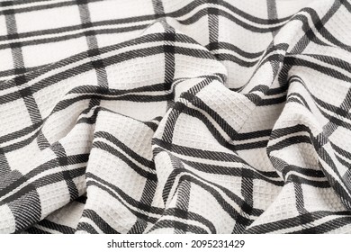 White And Black Tea Towel Texture As A Background, Horizontal Picture.