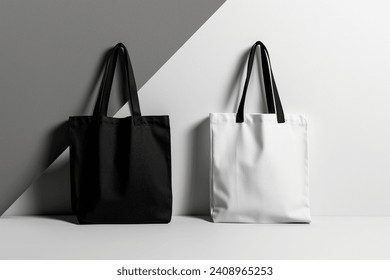 White and black tote bags mockup on isolated grey background