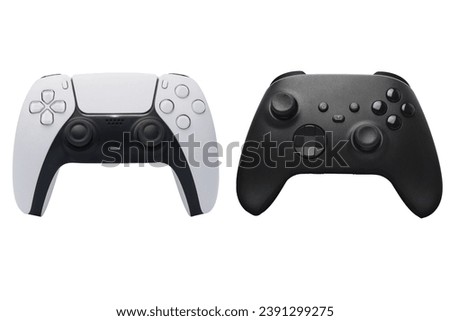 White and black two joystick gamepad console standing isolated on white background
