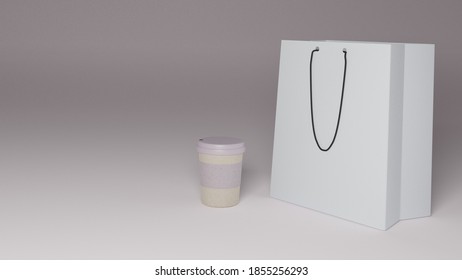 White Blank Carton Paper Shopping Bag With Carton Paper Cup On White Background Mockup For Branding And Logos