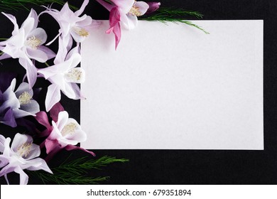 White blank condolence card with fresh flowers on the dark background. Empty place for a text.