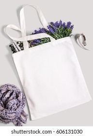 White Blank Cotton Eco Tote Bag With Lavender Flowers, Magazine, Watches And Scarf. Design Mockup.