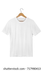 White Blank Cotton Tshirt With Wooden Hanger Isolated On White