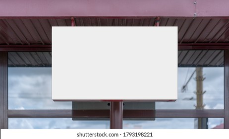 White Blank Display With Empty Mock-up On Glass Window Of Store Building Facade Front View