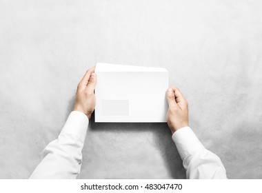 White Blank Envelope Mockup Hold In Hands. Empty Letter With Transparent Window Design Mock Up. Message Template Presentation. Person Open Clear Mail.