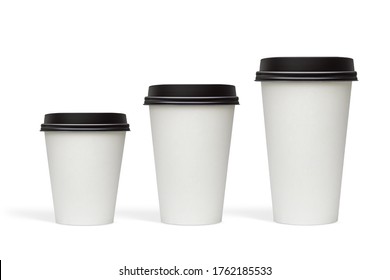 White Blank Large, Medium And Small Size Takeaway Paper, Carton Or Cardboard Coffee Cups With Black Caps Packaging Template Mockup Isolated On White Background Including Clipping Path. 