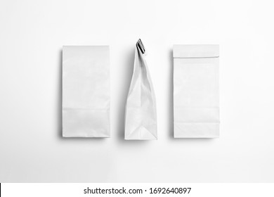 White blank Paper Packages Mock-up for dry products on white background.Front and back side. High resolution photo.