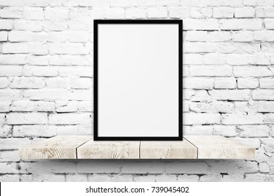 White Blank Photo Frame Mockup On Shelf Over White Brick Wall Background