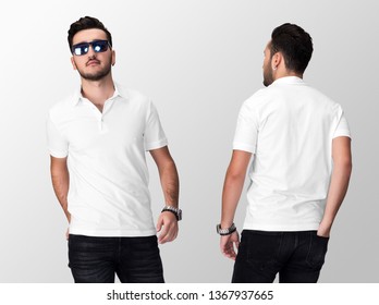 White Blank Polo Shirt On A Young Middle Eastern Man In Jeans, Isolated On A White Studio Background, Front And Back View Mockup Of White Polo T-shirt With Place For Your Logo Or Design