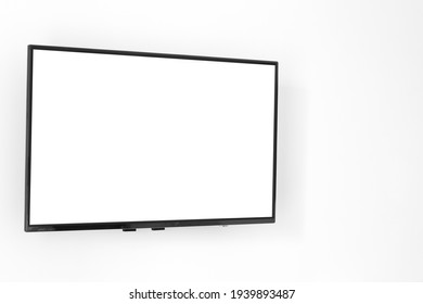 White Blank Screen Television On Concrete Wall At Living Room. Copy Space For Text On TV.	