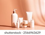 White blank Skin care Beauty Products on pink orange background with shadows, assortment of cosmetics bottles, tubes and jars, healthy cosmetology, spa treatment concept.