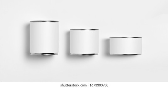 White Blank Tin Cans Set.Canned Food. Ready For Your Design. Real Product Packing.Food Tin Can With Blank White Label.Top View.