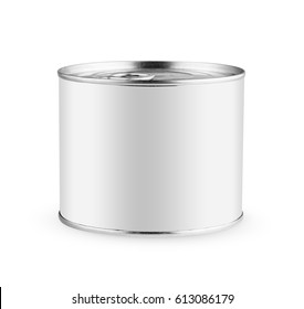 White Blank Tincan Silver Metal Tin Can With Key, Canned Food. Isolated With Clipping Path. Ready For Your Design. Real Product Packing. Mockup.